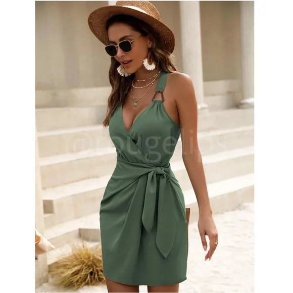 Light Army Olive Green Both Straps Embellished Mini V-Neck Mock Wrap Dress - Picture 2 of 8